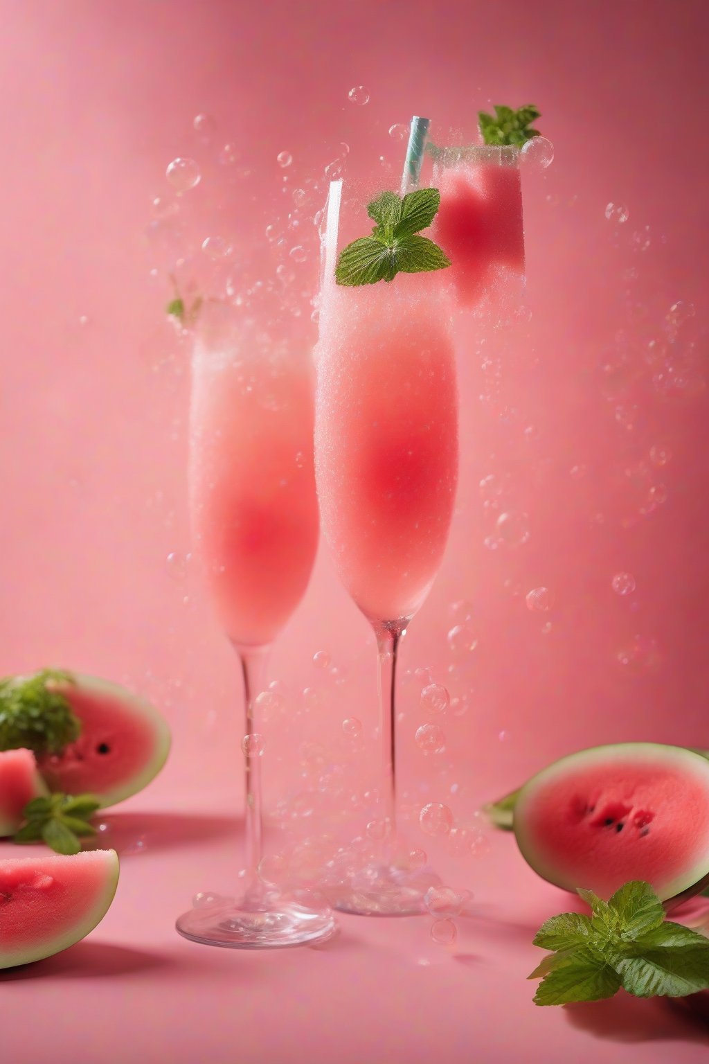 A high-resolution photo of a watermelon wave mimosa in light pink with mint garnish and lively bubbles in a flute, under soft lighting.