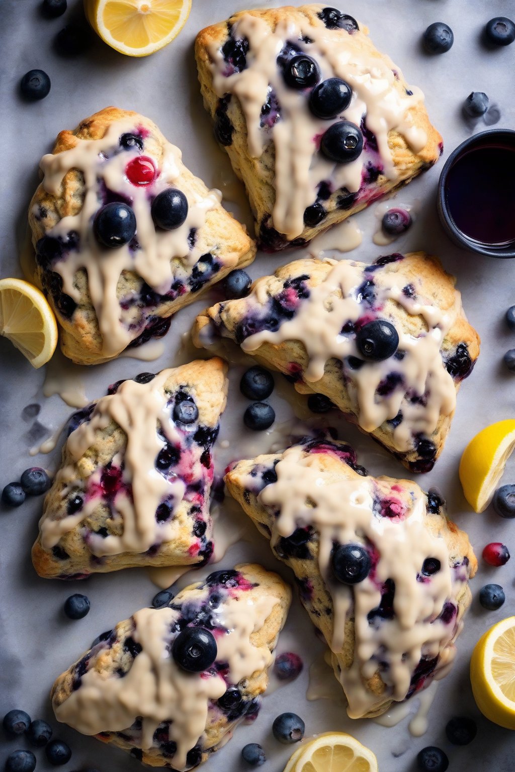 A high-resolution photo of lemon blueberry scones with drizzled glaze and bursting berries, steam rising slightly, under soft lighting.