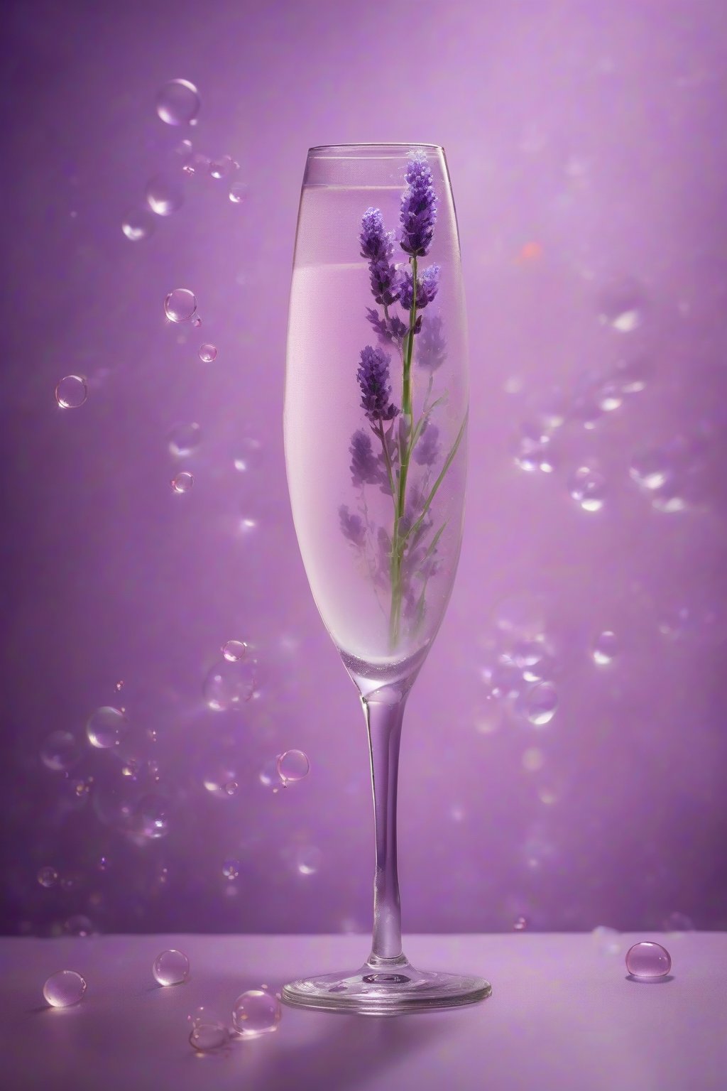 A high-resolution photo of a lavender dream mimosa with subtle purple tint and floating flower in a flute, soft bubbles rising, under soft lighting.