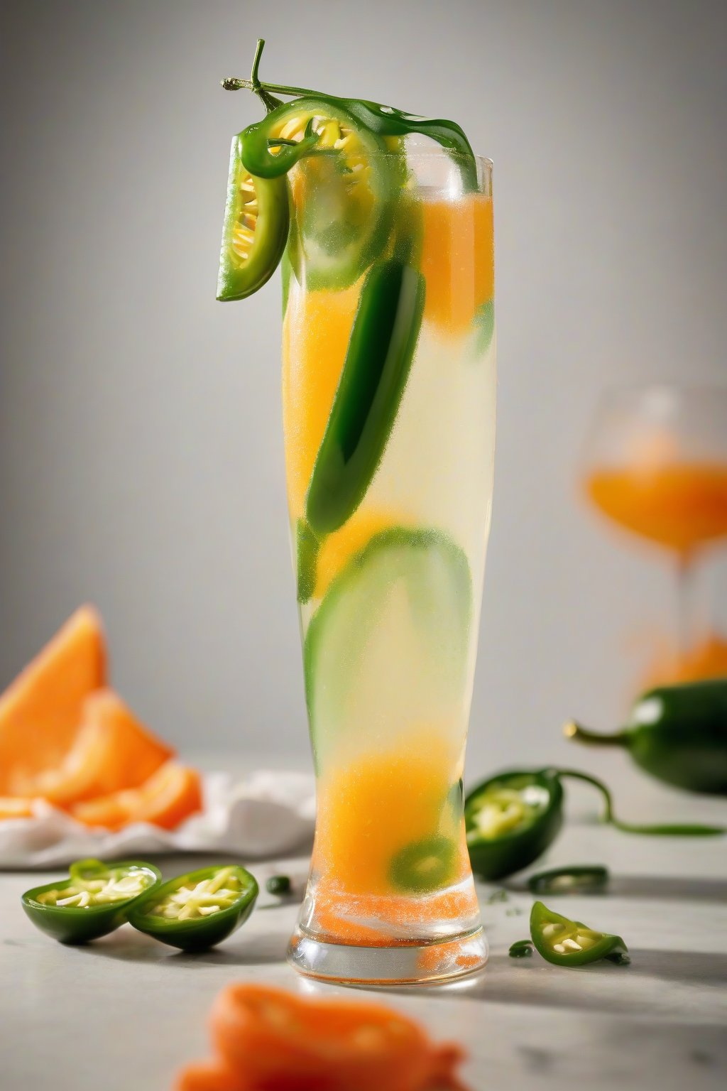 A high-resolution photo of a spicy jalapeño mimosa fizzing with green slices in bright orange layers in a flute glass, under soft lighting.