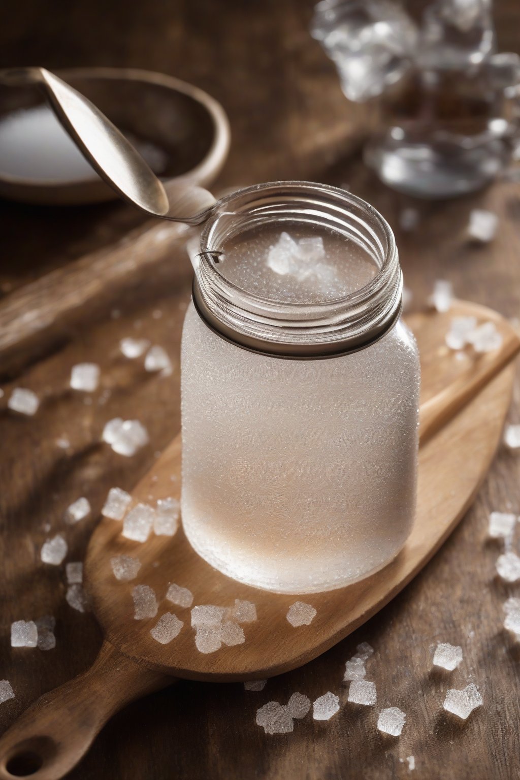 A high-resolution photo of clear classic simple syrup in a glass jar with sugar crystals on a wooden spoon, under soft lighting.