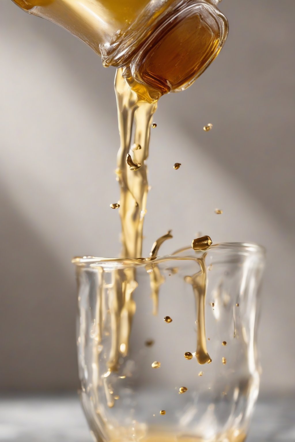 A high-resolution photo of golden vanilla bean simple syrup pouring into a glass bottle with visible bean specks, under soft lighting.