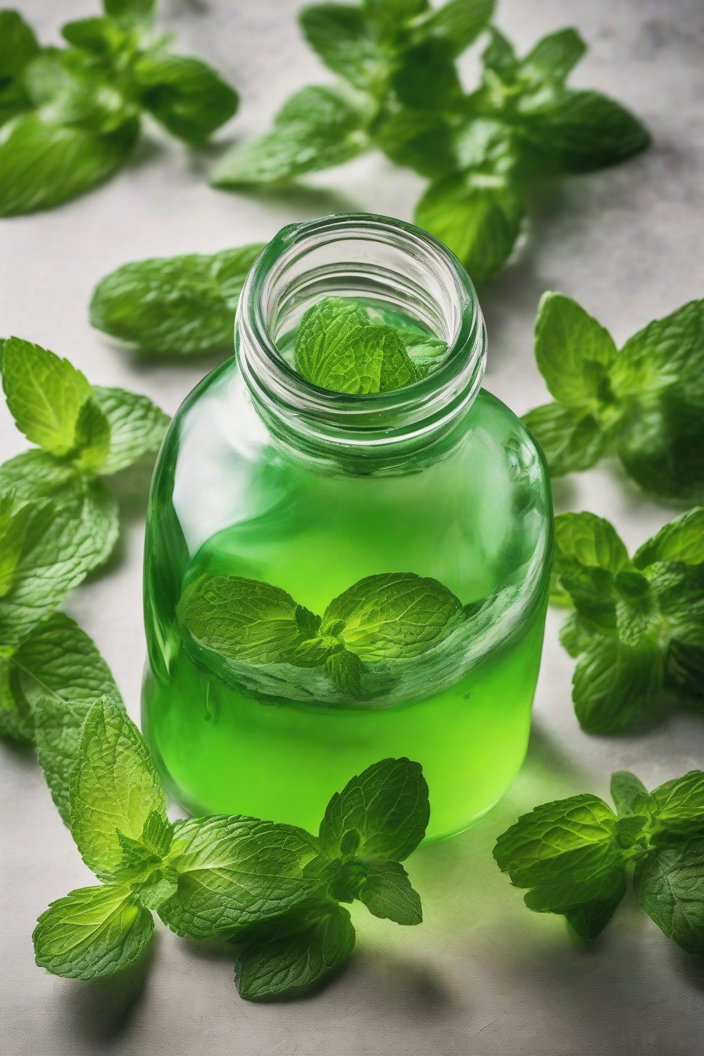 A high-resolution photo of vibrant green mint simple syrup in a jar surrounded by fresh mint leaves, under soft lighting.