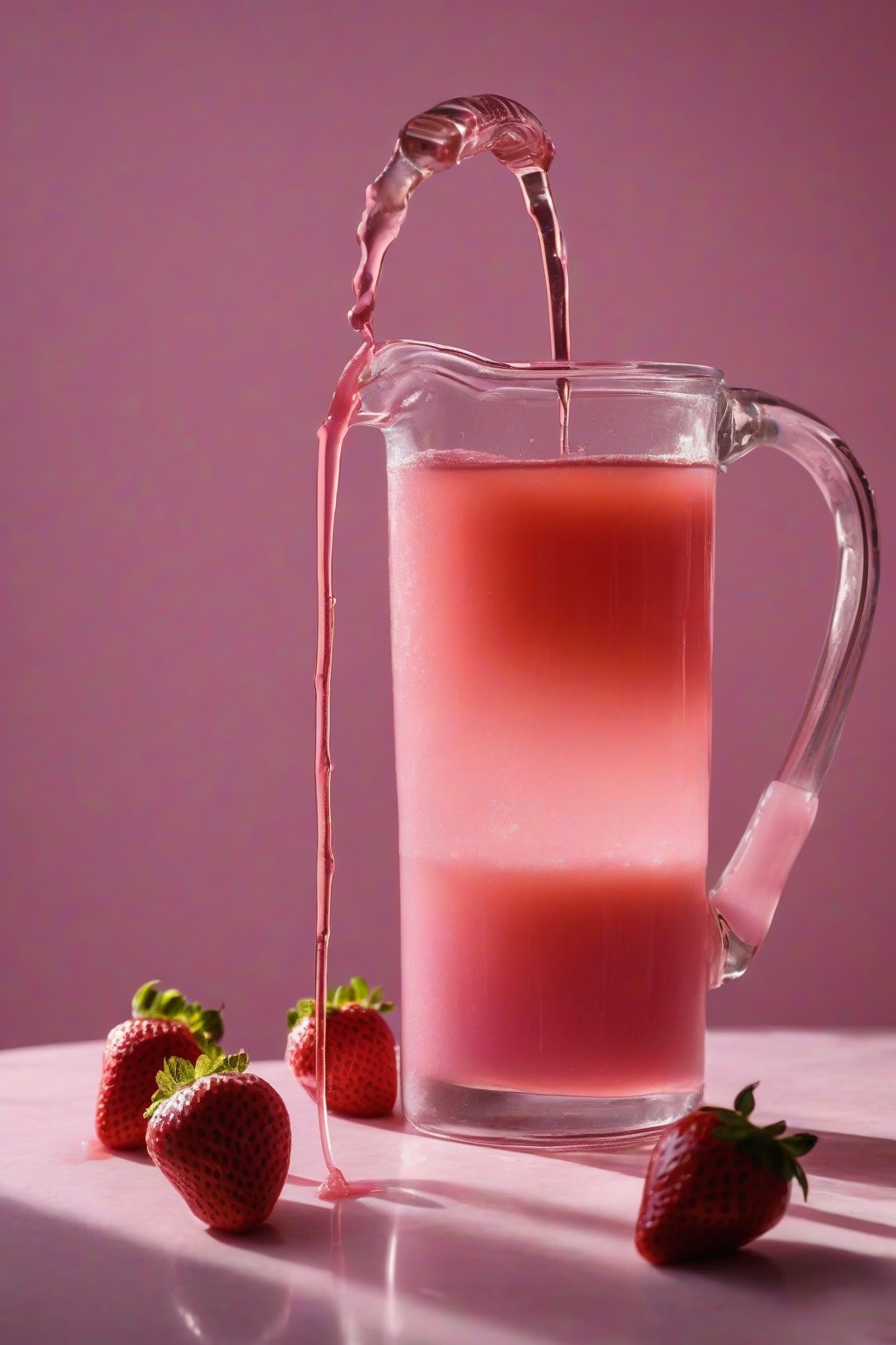 A high-resolution photo of pink strawberry simple syrup dripping from a spoon into a glass pitcher, under soft lighting.