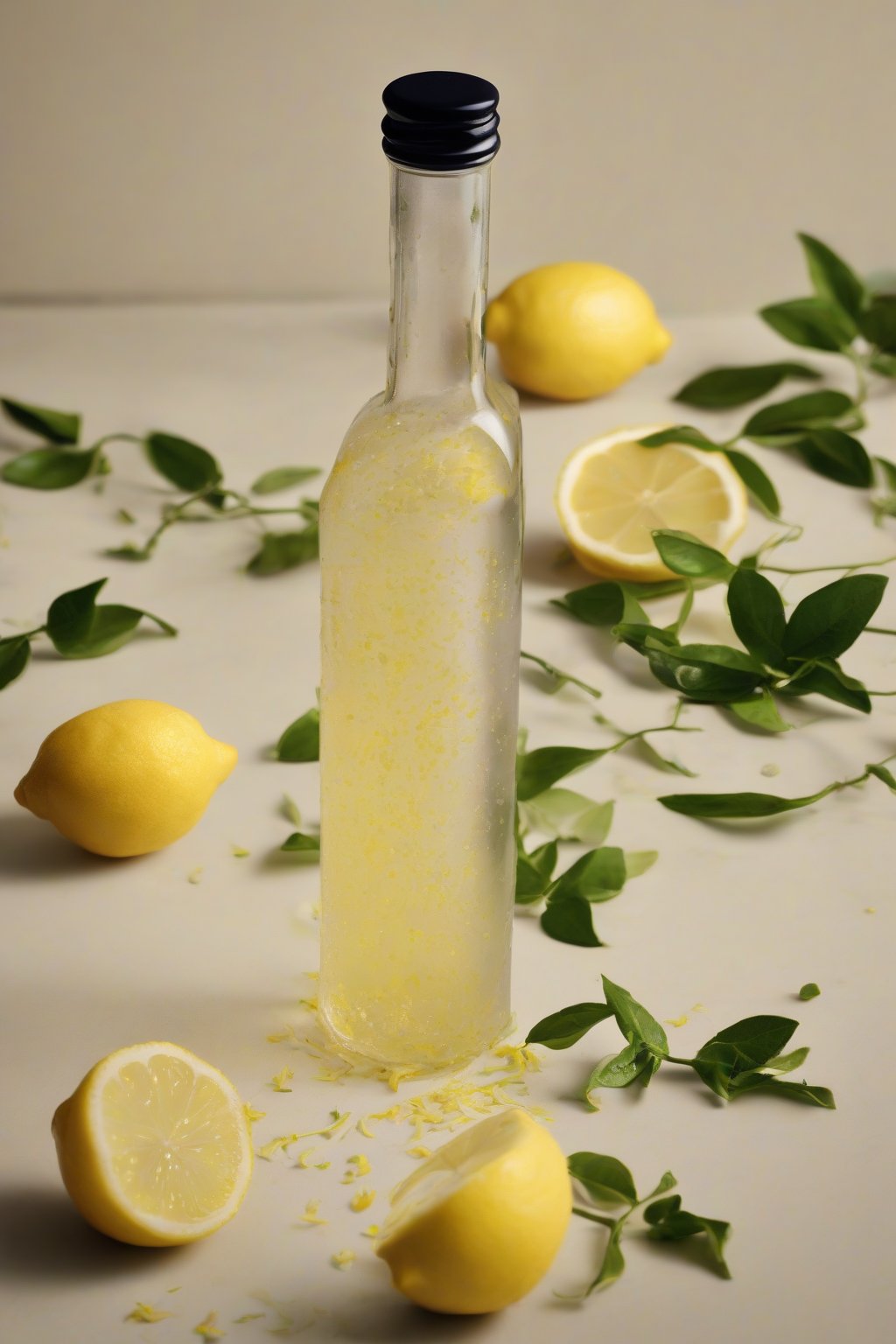 A high-resolution photo of pale yellow lemon simple syrup in a bottle with lemon zest scattered around, under soft lighting.