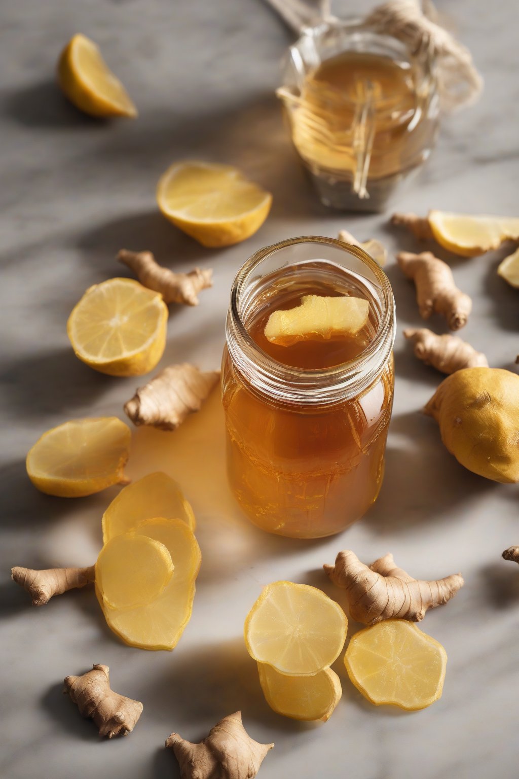 A high-resolution photo of amber ginger simple syrup in a jar with fresh ginger slices floating, under soft lighting.