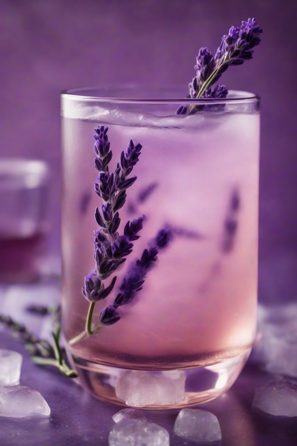 A high-resolution photo of purple-tinged lavender simple syrup poured over ice in a glass, under soft lighting.