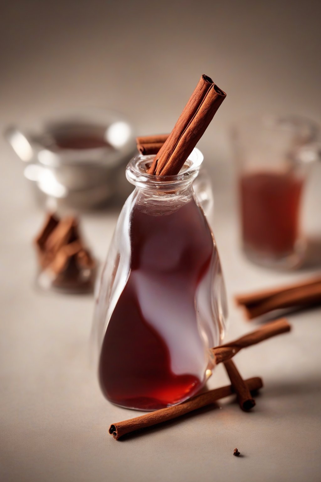 A high-resolution photo of reddish cinnamon simple syrup in a bottle with cinnamon sticks leaning against it, under soft lighting.