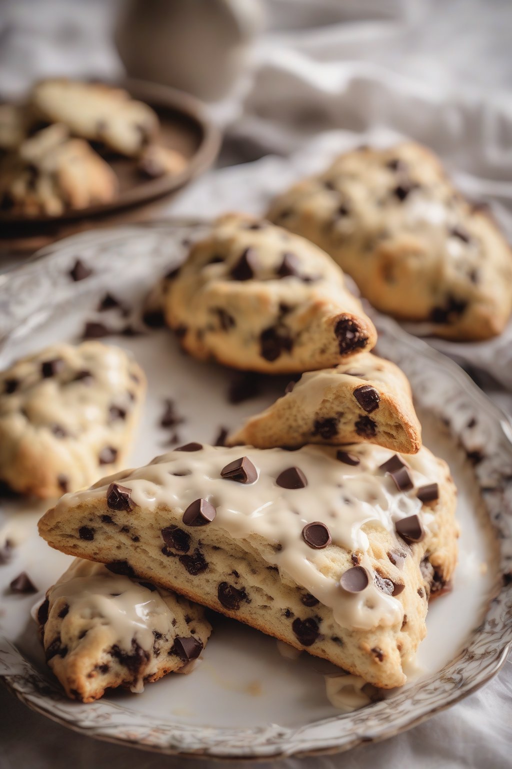 A high-resolution photo of chocolate chip scones with melted chips oozing out when broken, on a vintage plate, under soft lighting.