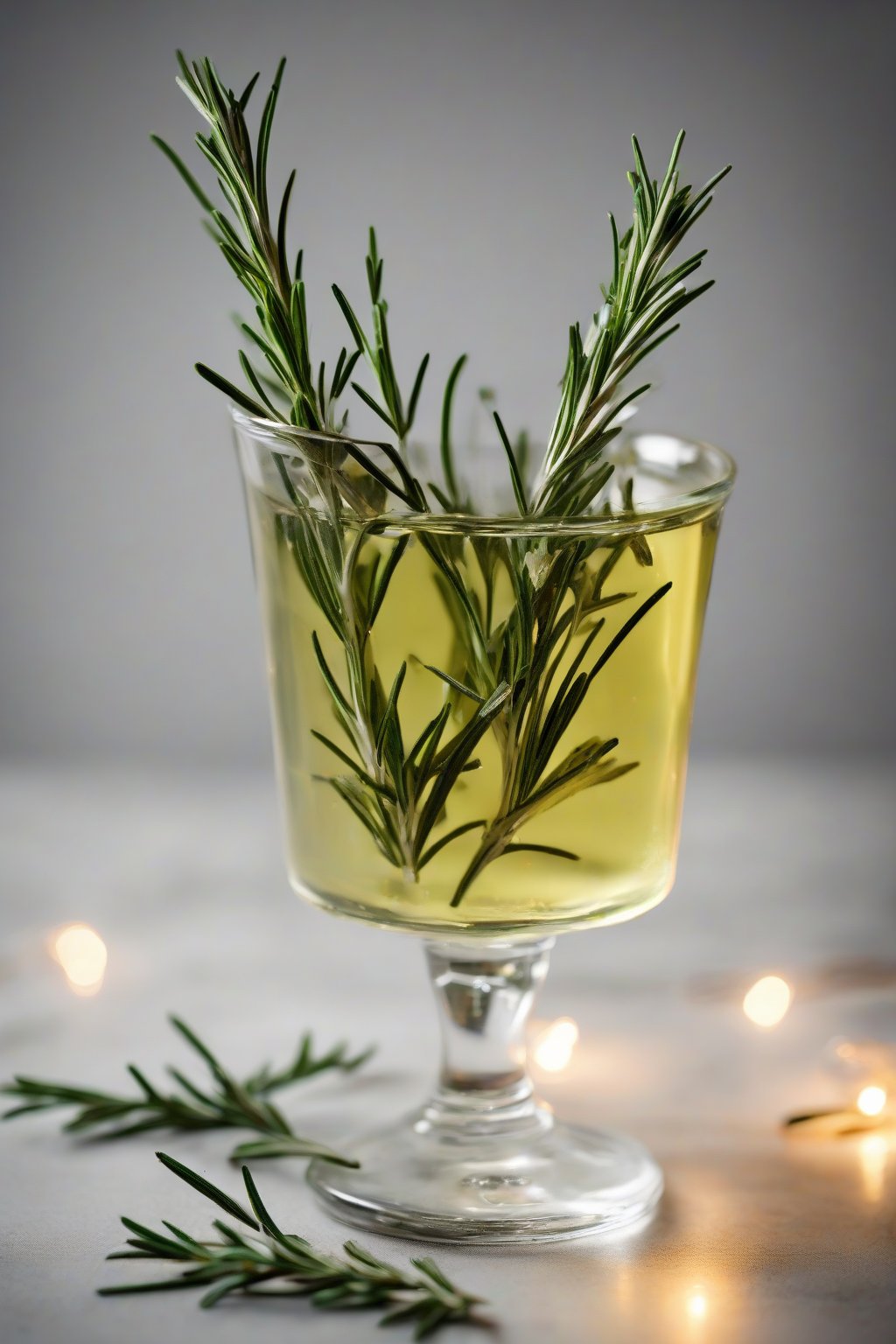 A high-resolution photo of herb-green rosemary simple syrup in a glass with rosemary sprigs garnish, under soft lighting.
