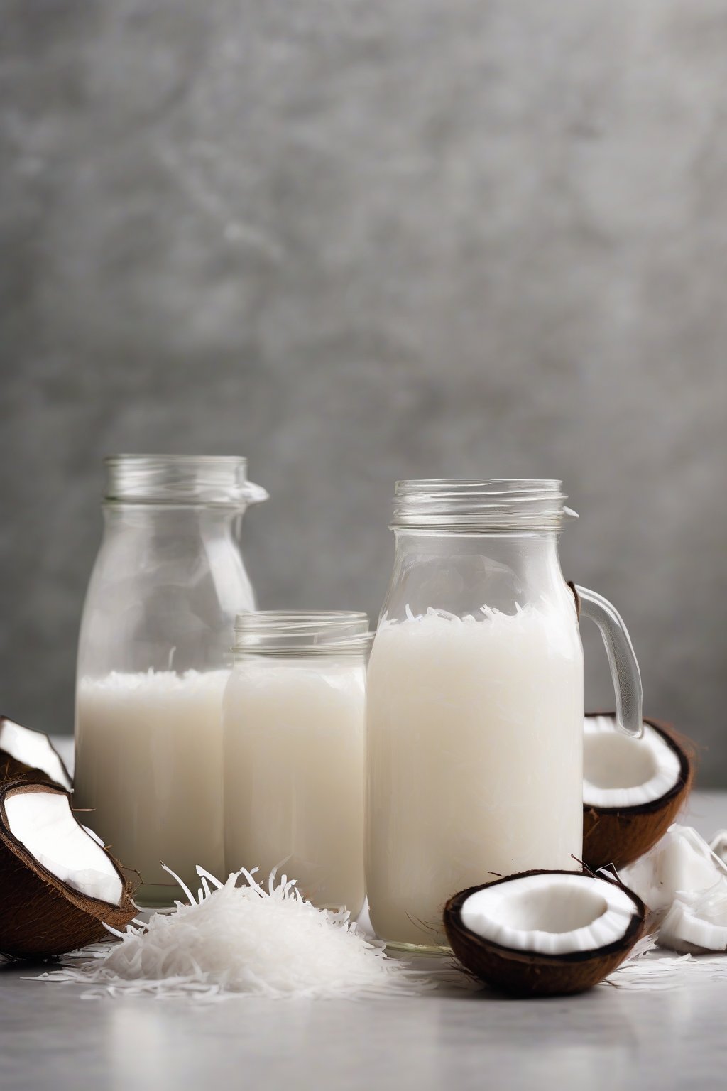 A high-resolution photo of opaque white coconut simple syrup in a jar topped with shredded coconut, under soft lighting.
