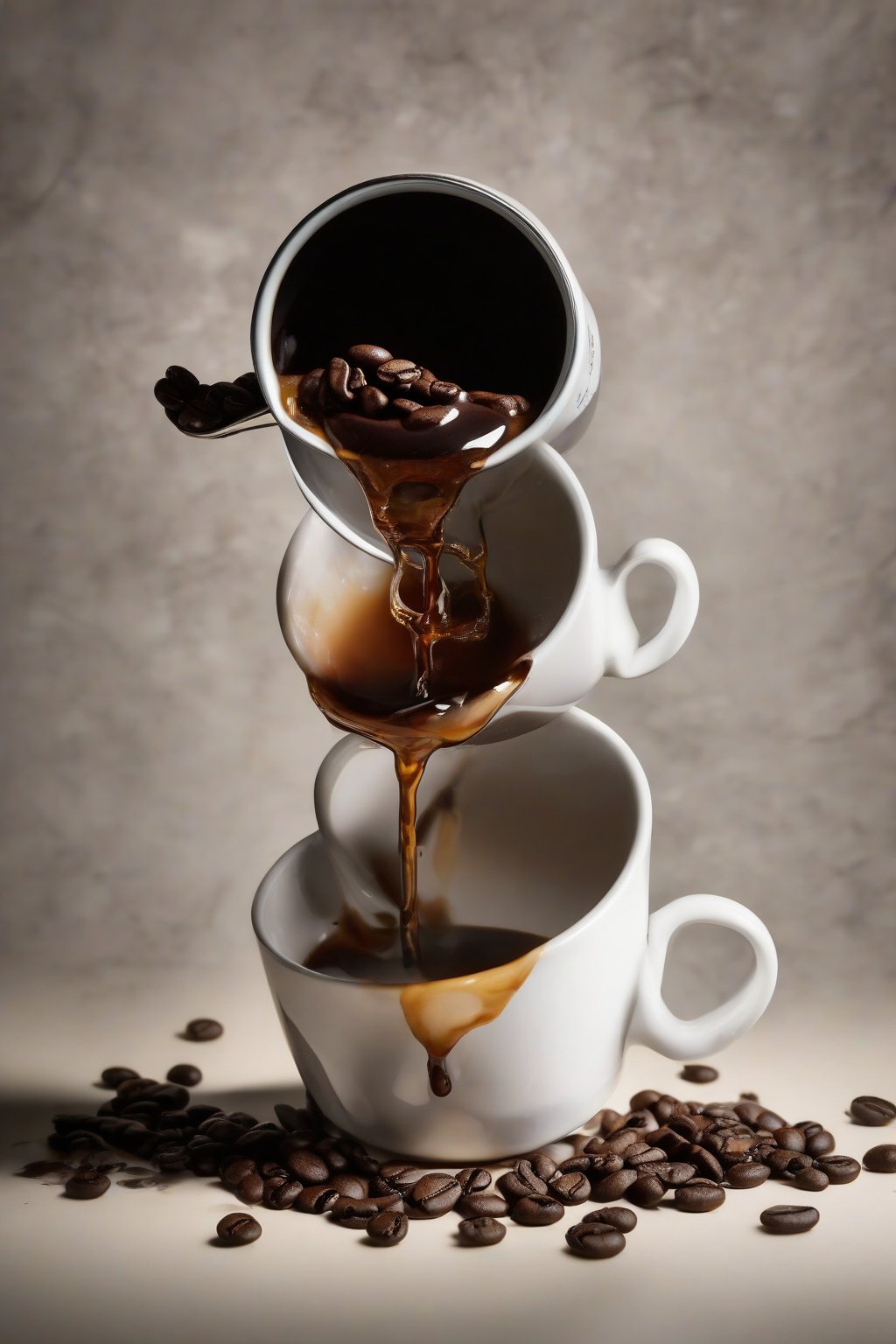 A high-resolution photo of dark coffee simple syrup streaming into a cup with coffee beans around, under soft lighting.
