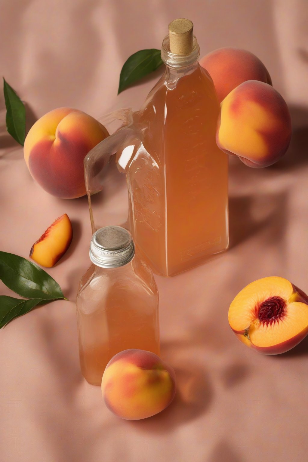 A high-resolution photo of orange-peach simple syrup in a bottle with fresh peach slices, under soft lighting.