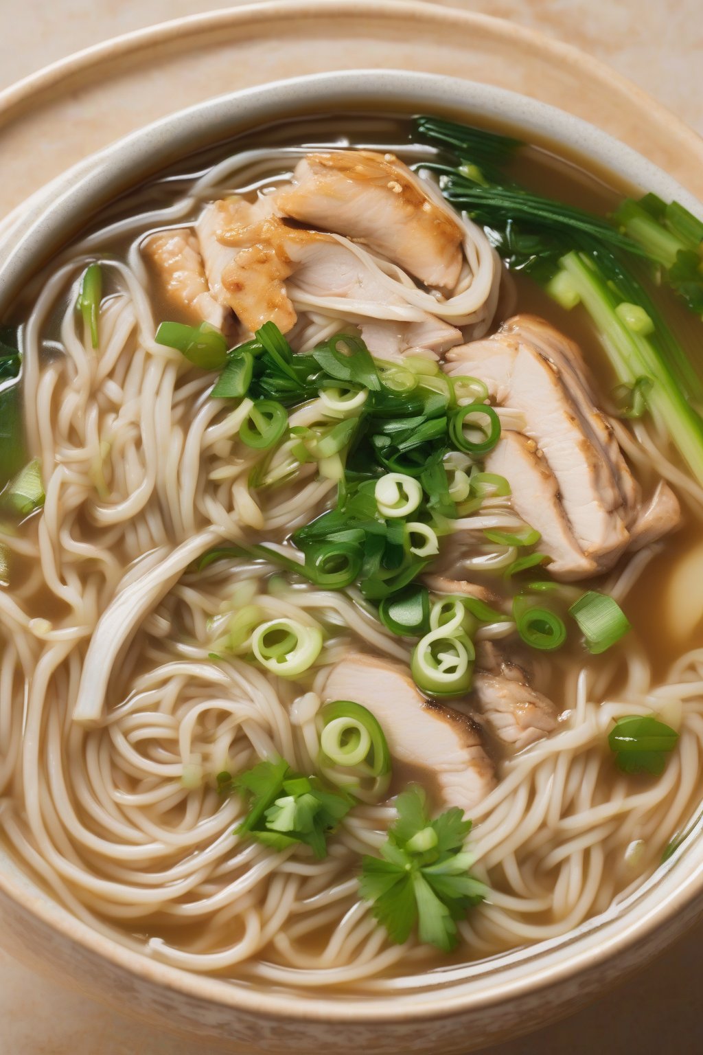 A high-resolution photo of ginger garlic chicken noodle soup with soba noodles and scallion garnish in aromatic broth, under soft lighting.
