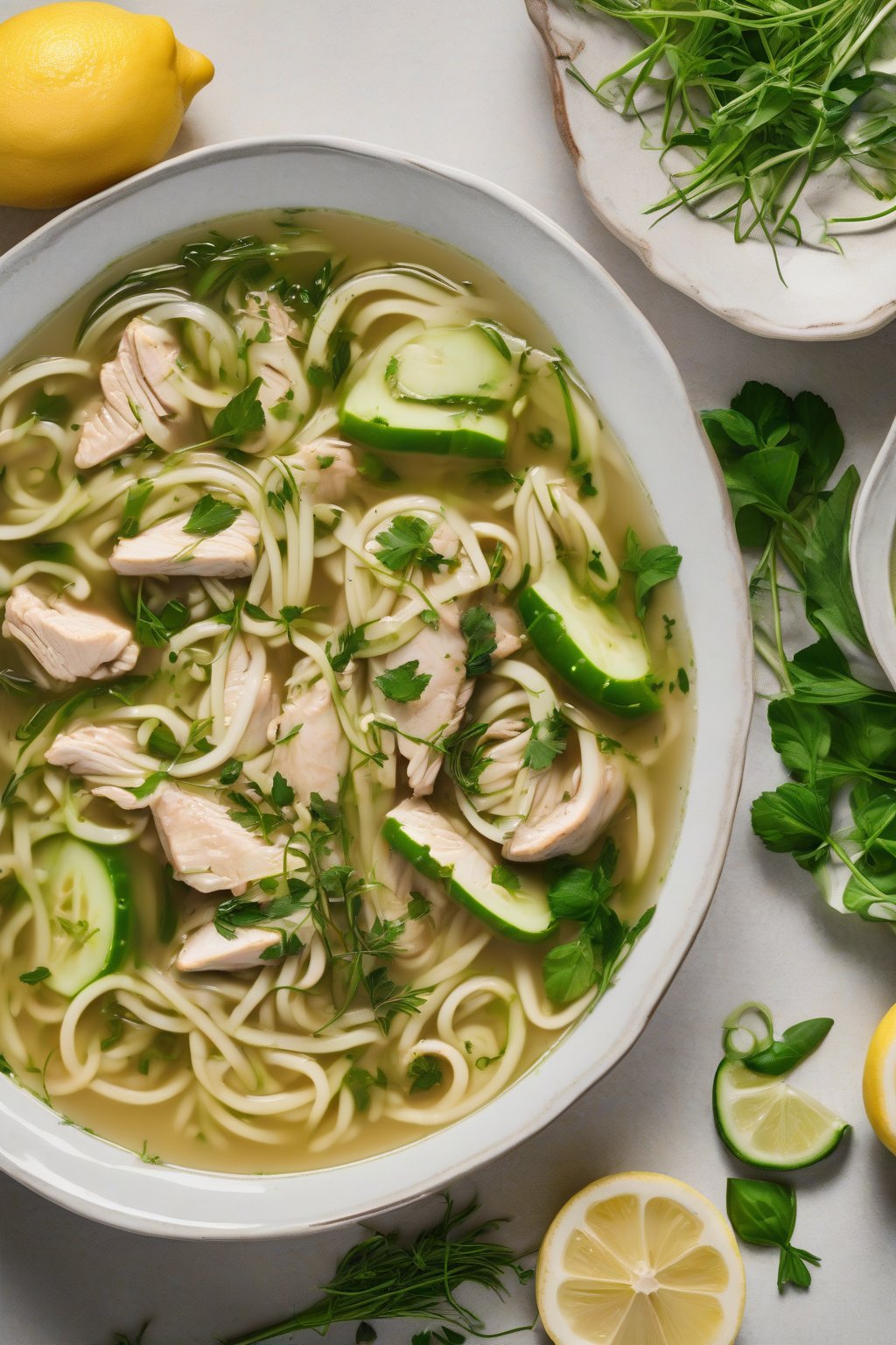 A high-resolution photo of lemon herb chicken noodle soup with zucchini slices and herb sprigs in bright broth, under soft lighting.