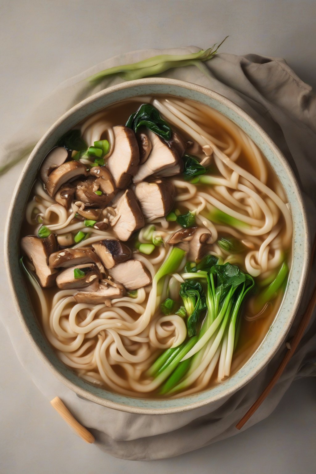 A high-resolution photo of shiitake mushroom chicken noodle soup with udon and bok choy in savory broth, under soft lighting.