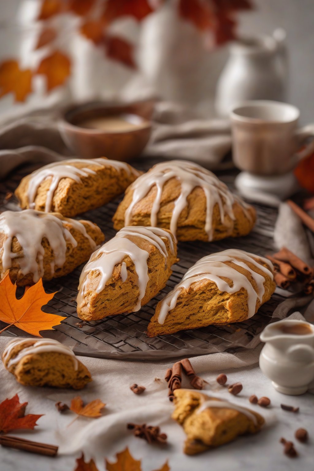 A high-resolution photo of pumpkin spice scones with cinnamon-dusted tops and maple glaze, autumn leaves in background, under soft lighting.