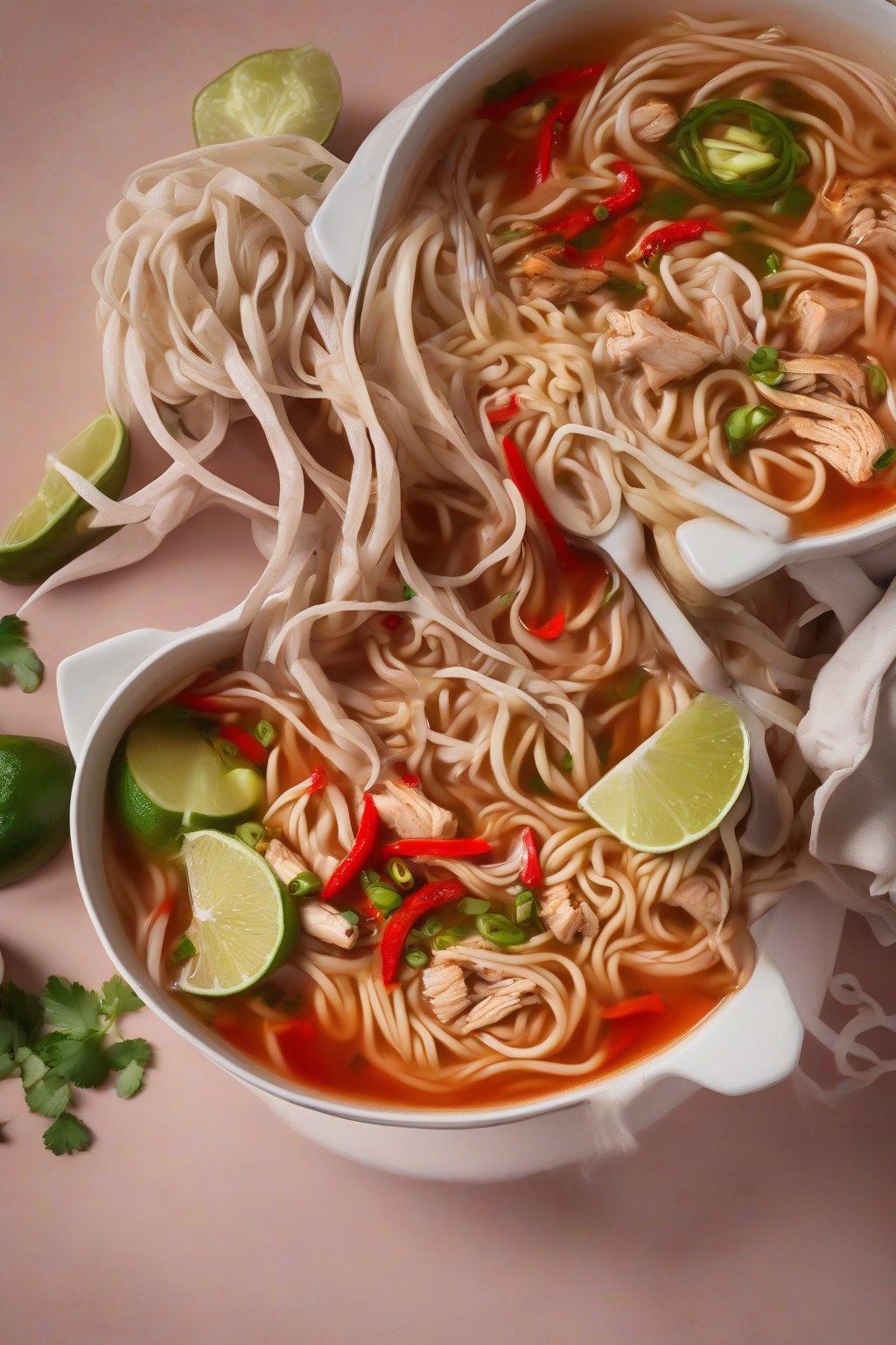 A high-resolution photo of spicy sriracha chicken noodle soup with ramen, peppers, and lime wedge in red-tinged broth, under soft lighting.