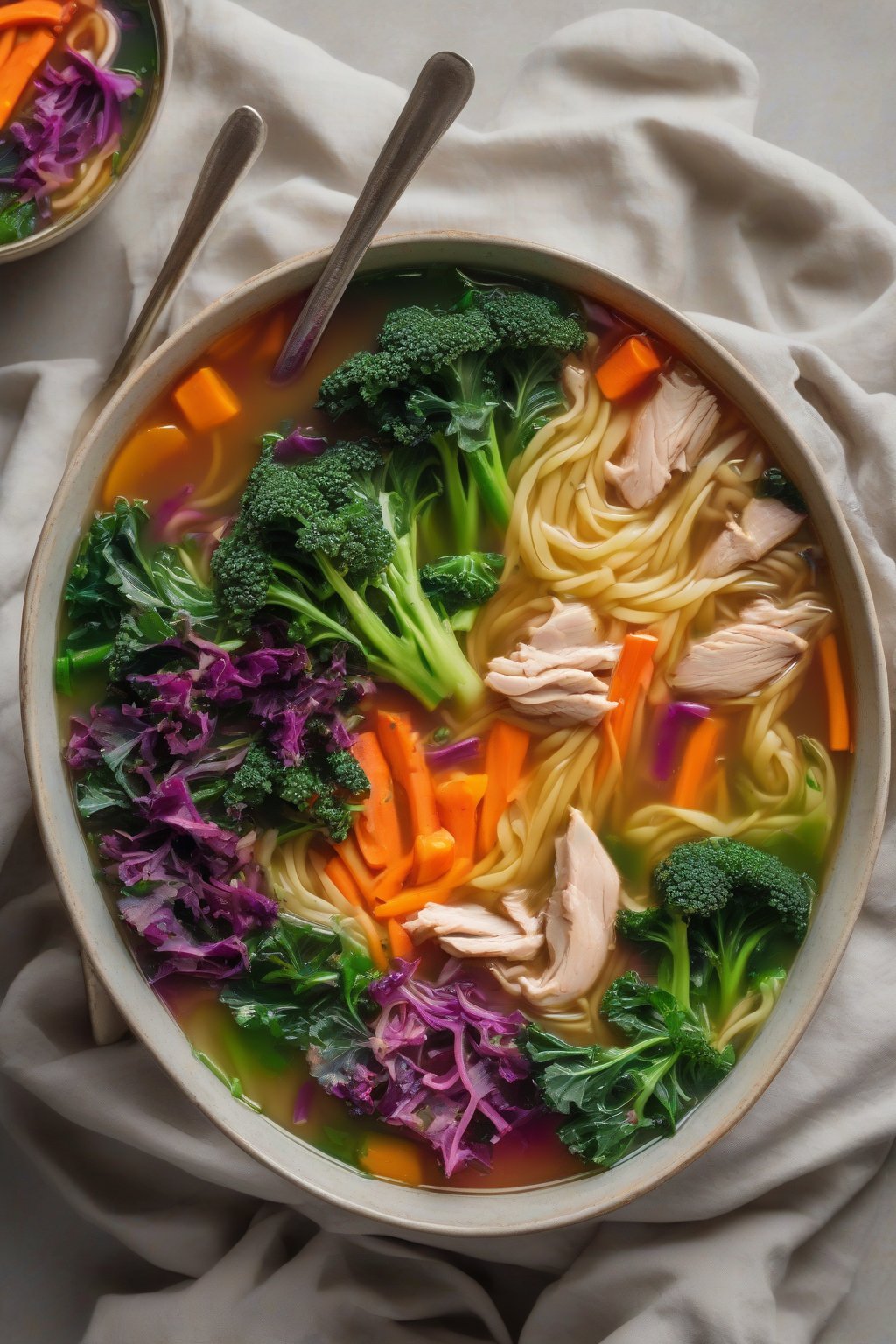 A high-resolution photo of rainbow veggie chicken noodle soup overflowing with colorful kale, carrots, and broccoli in clear broth, under soft lighting.