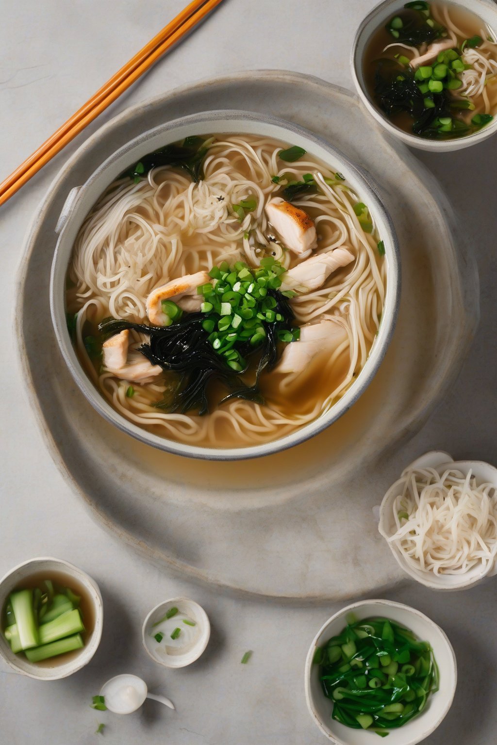 A high-resolution photo of miso chicken noodle soup with rice noodles, seaweed, and green onions in fermented broth, under soft lighting.
