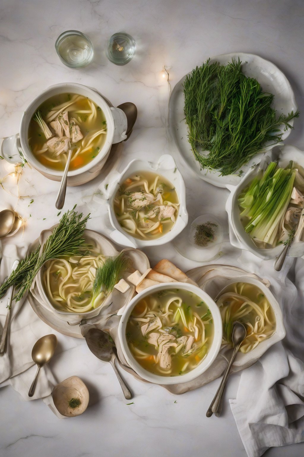 A high-resolution photo of thyme rosemary chicken noodle soup with leeks in herb-infused broth, under soft lighting.
