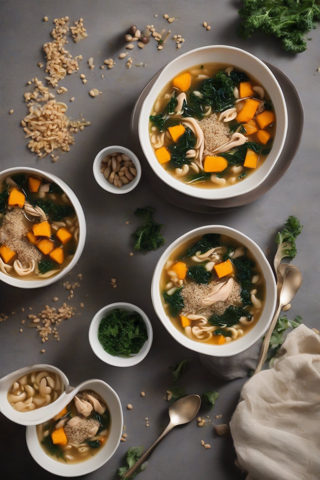 A high-resolution photo of quinoa noodle chicken soup with butternut squash and kale in nutty broth, under soft lighting.