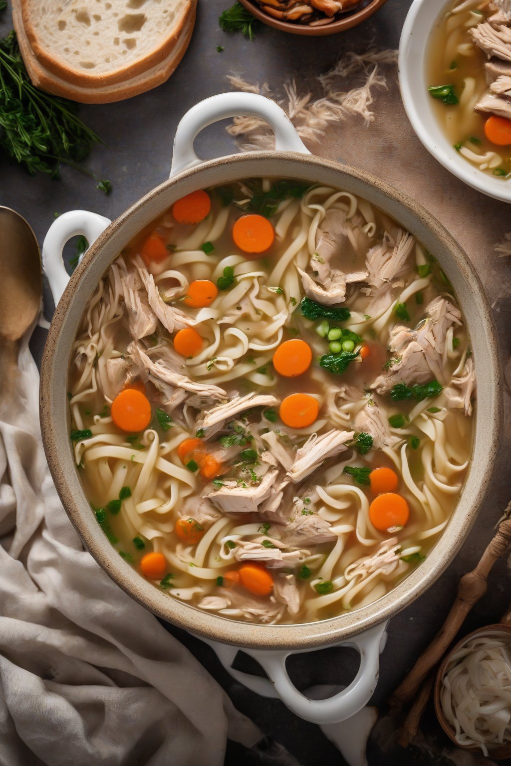 A high-resolution photo of slow-cooker style chicken noodle soup with bone-in chicken remnants and veggies in hearty broth, under soft lighting.