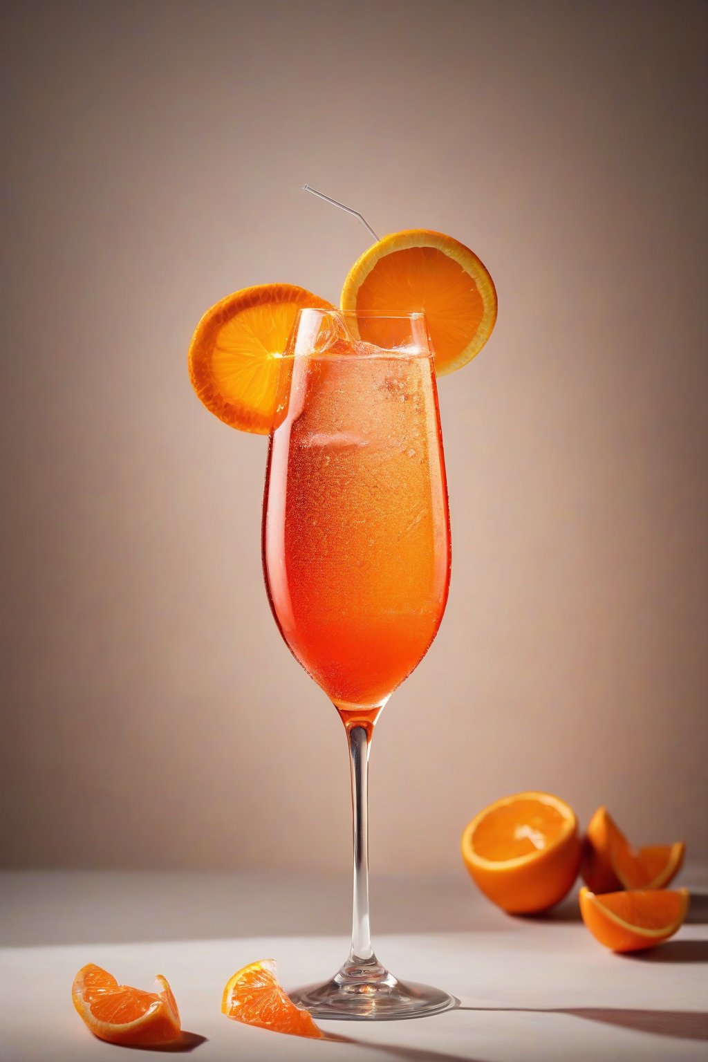 A high-resolution photo of a classic Aperol Spritz in a stemmed wine glass, bright orange with bubbles rising and an orange slice garnish, under soft lighting.