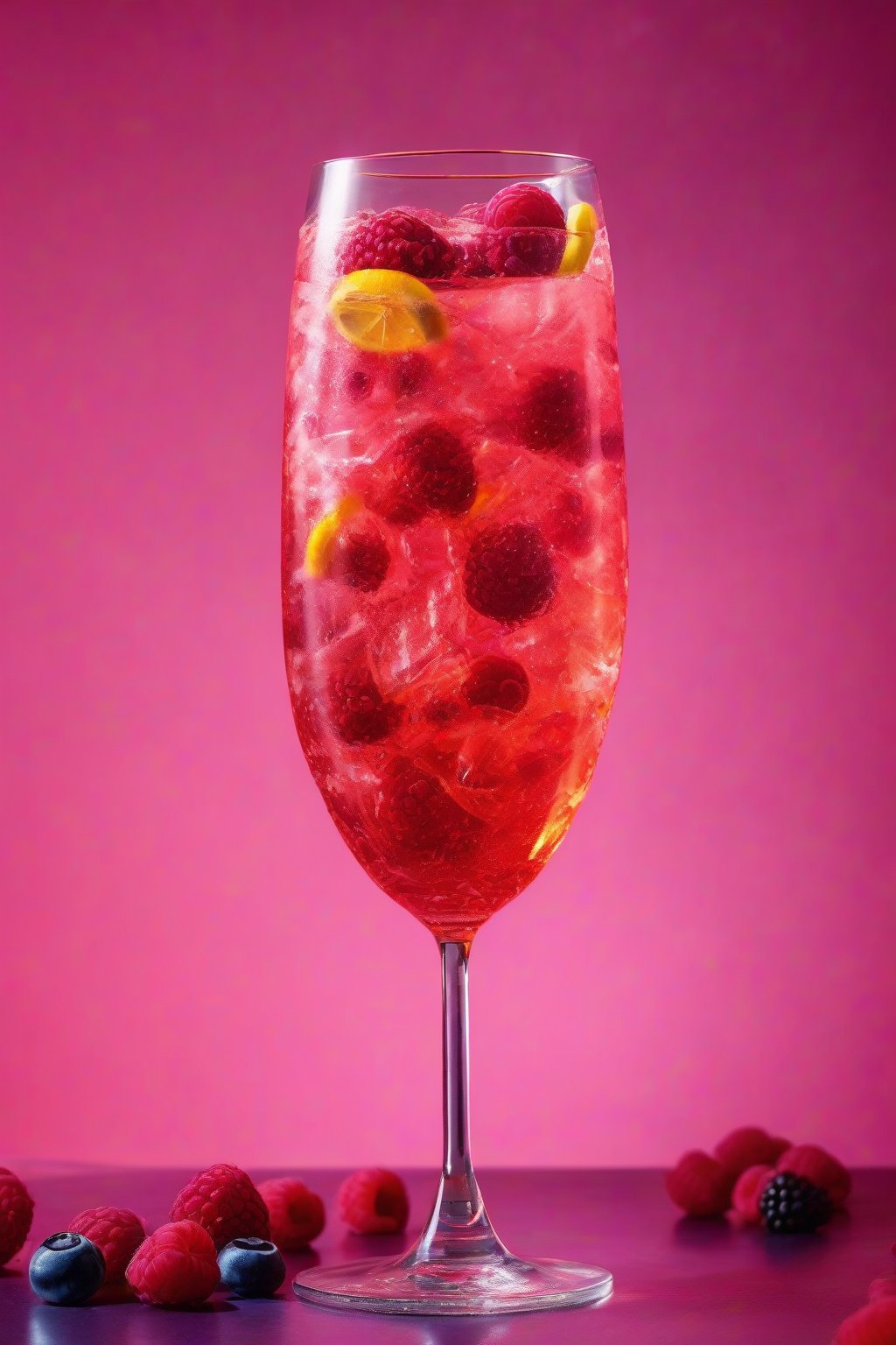 A high-resolution photo of a berry bliss Aperol Spritz garnished with fresh raspberries and a lemon twist, deep pink hues with lively bubbles, under soft lighting.