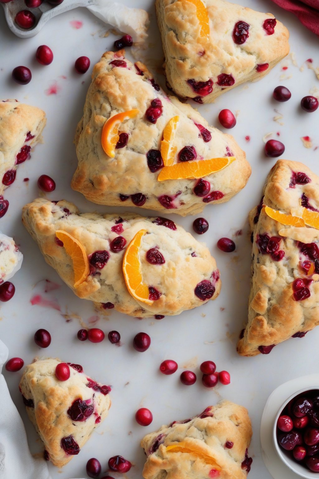 A high-resolution photo of cranberry orange scones with bright red berries peeking out, orange slices nearby, under soft lighting.