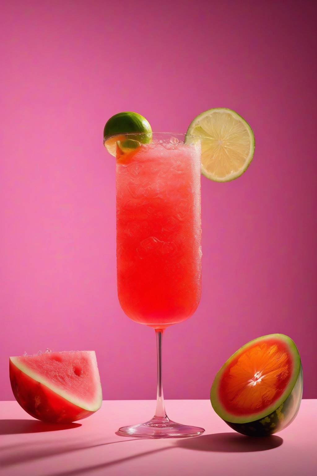 A high-resolution photo of a watermelon fizz Aperol Spritz with pink juice and lime, vibrant red-orange bubbles, under soft lighting.