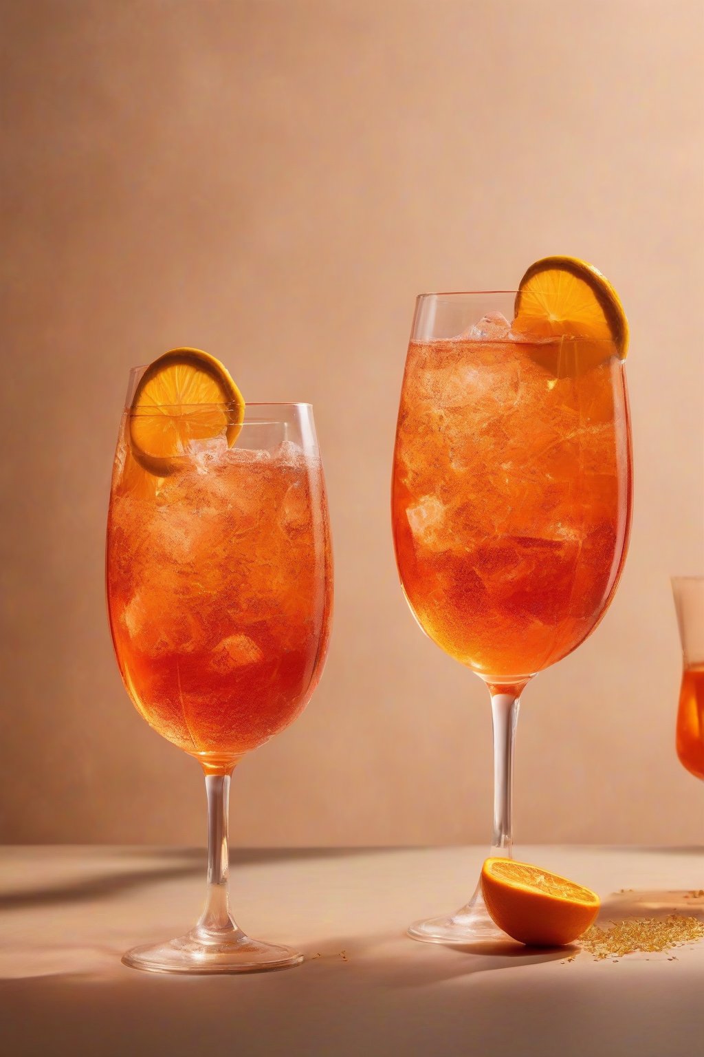 A high-resolution photo of a ginger spice Aperol Spritz with grated ginger flecks and peel, warm orange glow, under soft lighting.