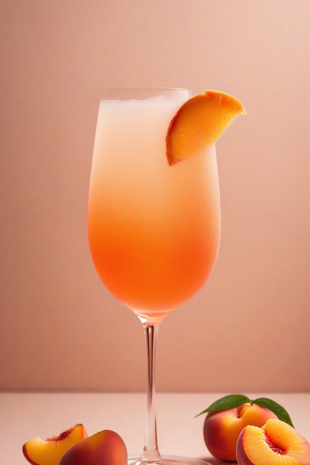 A high-resolution photo of a peach bellini Aperol Spritz with fuzzy slice garnish, soft peachy orange foam, under soft lighting.