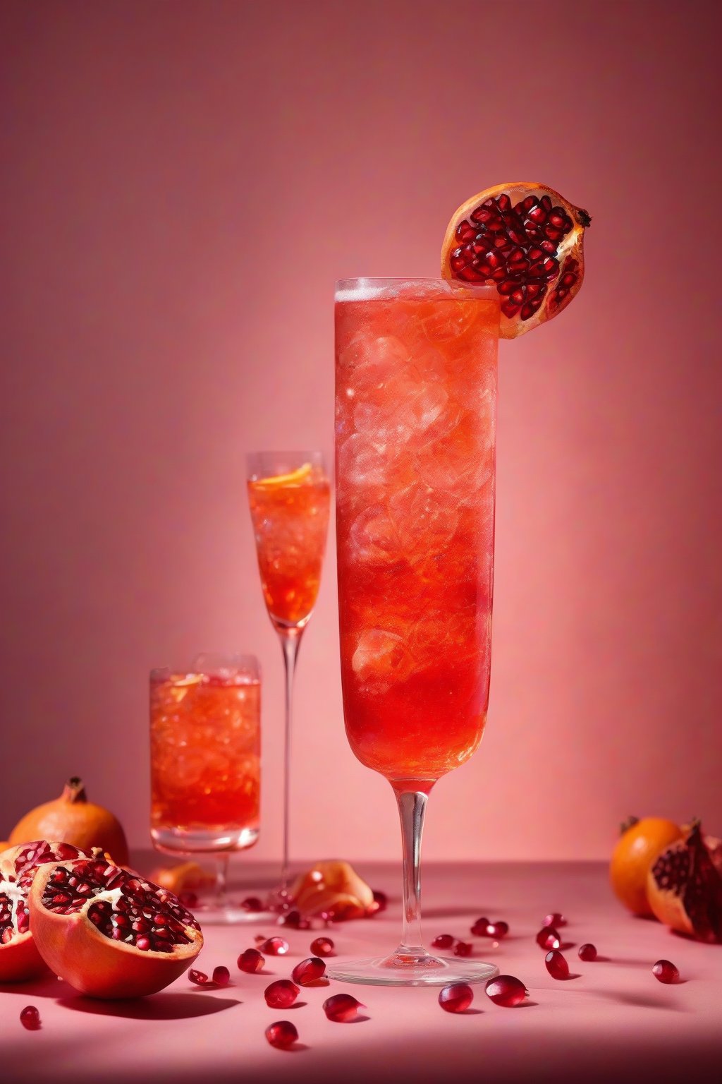 A high-resolution photo of a pomegranate punch Aperol Spritz with floating ruby seeds, deep red-orange fizz, under soft lighting.