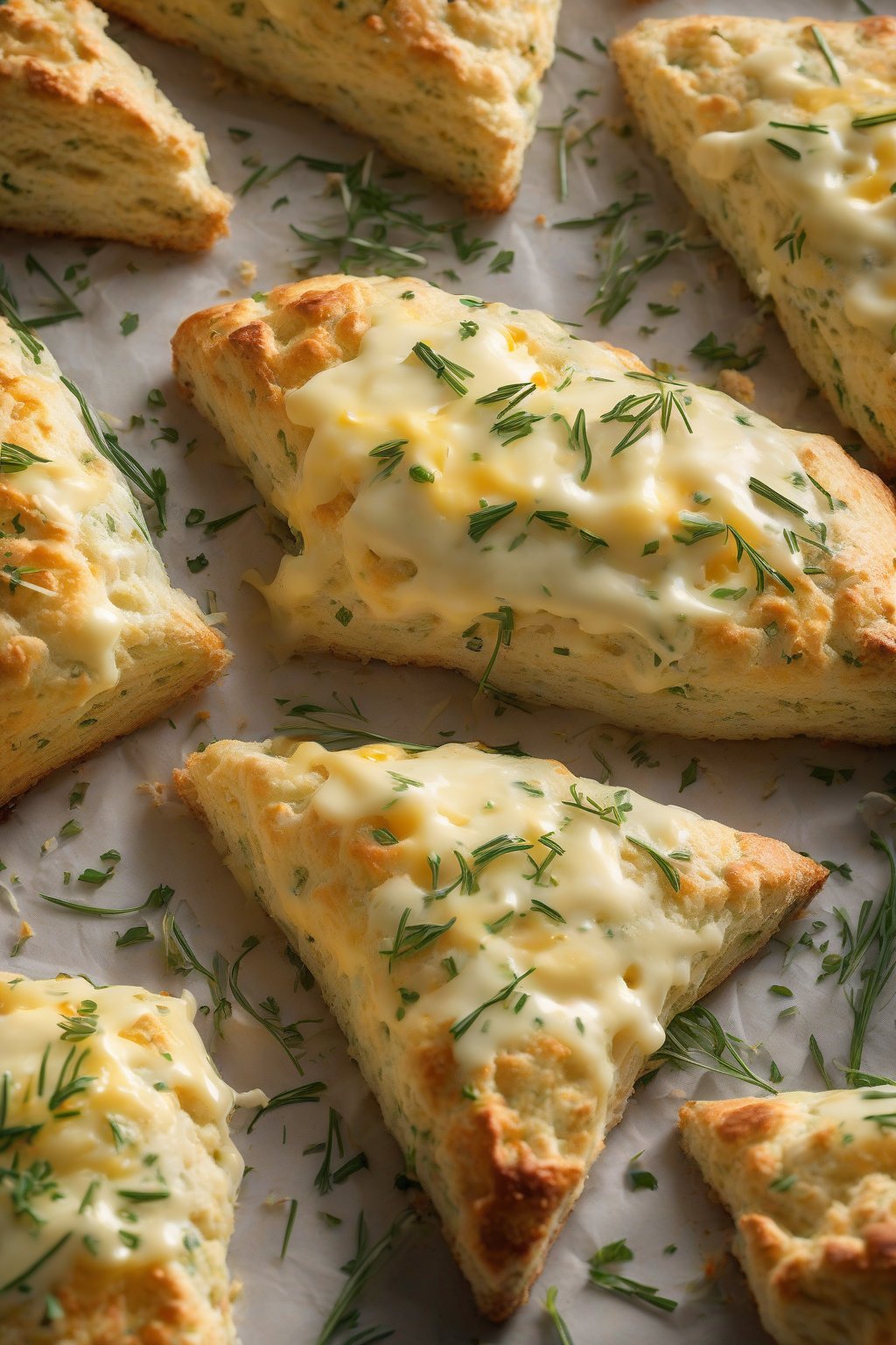A high-resolution photo of golden cheddar herb scones with melted cheese interior visible, scattered chives on top, under soft lighting.