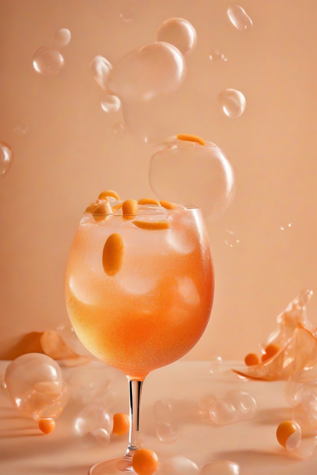 A high-resolution photo of a vanilla dream Aperol Spritz with bean pod accent, creamy pale orange bubbles, under soft lighting.