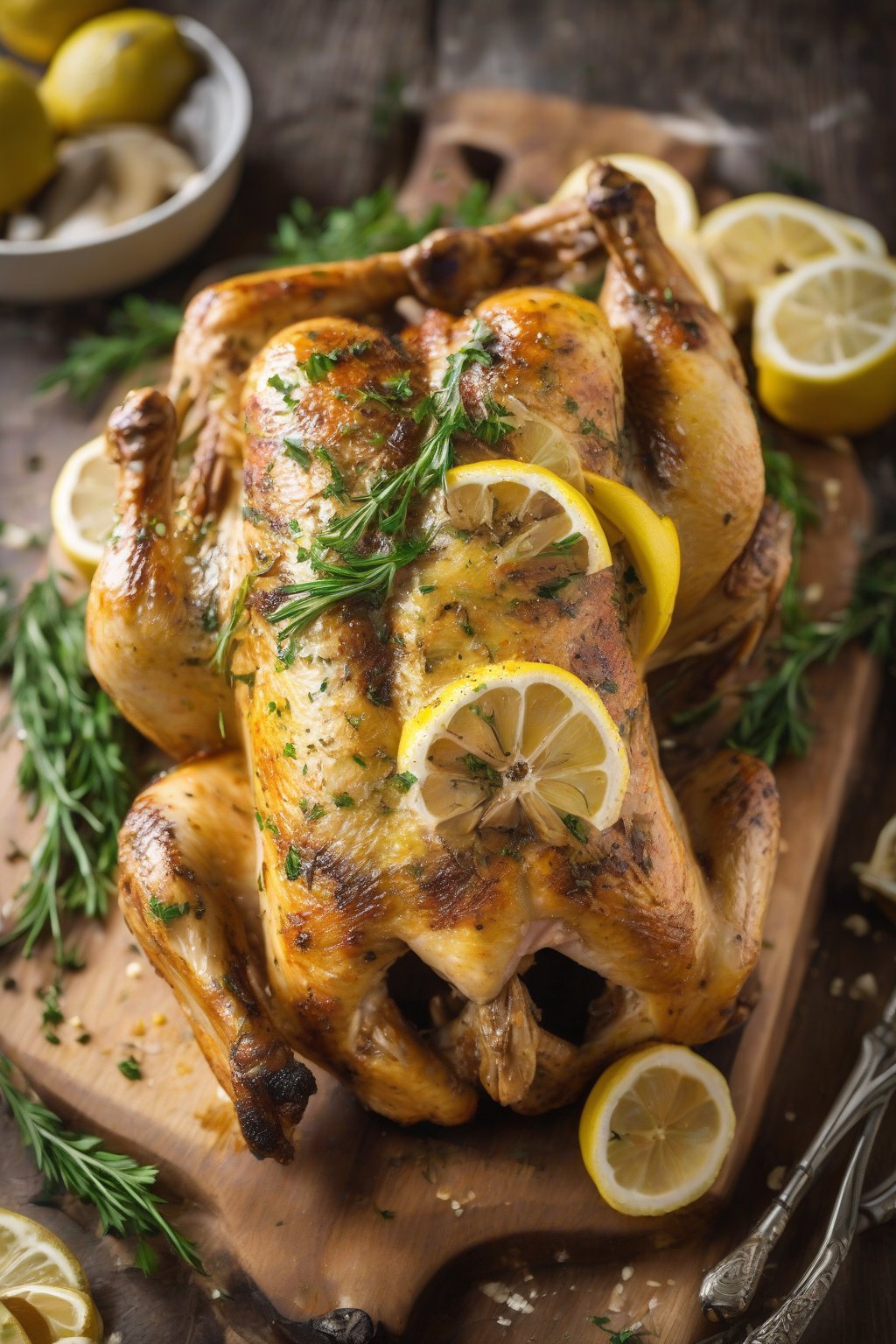 A high-resolution photo of a golden roasted whole lemon garlic chicken on a wooden board, garnished with lemon slices and fresh herbs, under soft lighting.
