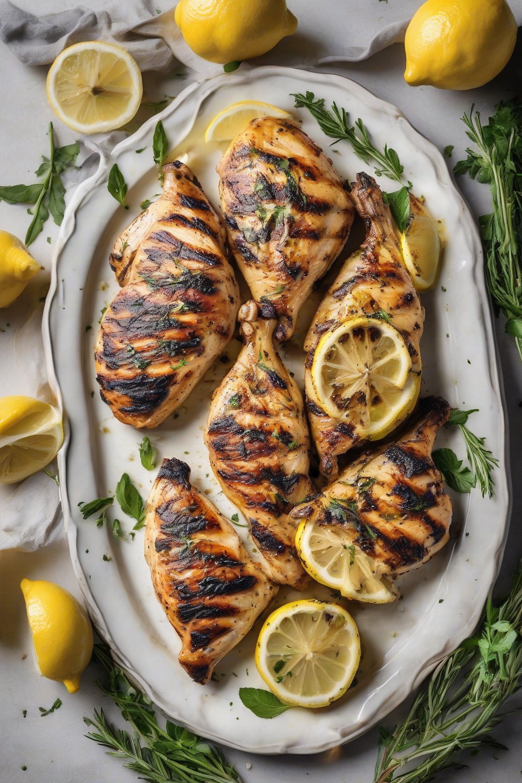 A high-resolution photo of grilled lemon herb chicken breasts on a platter with charred grill marks and lemon wedges, under soft lighting.