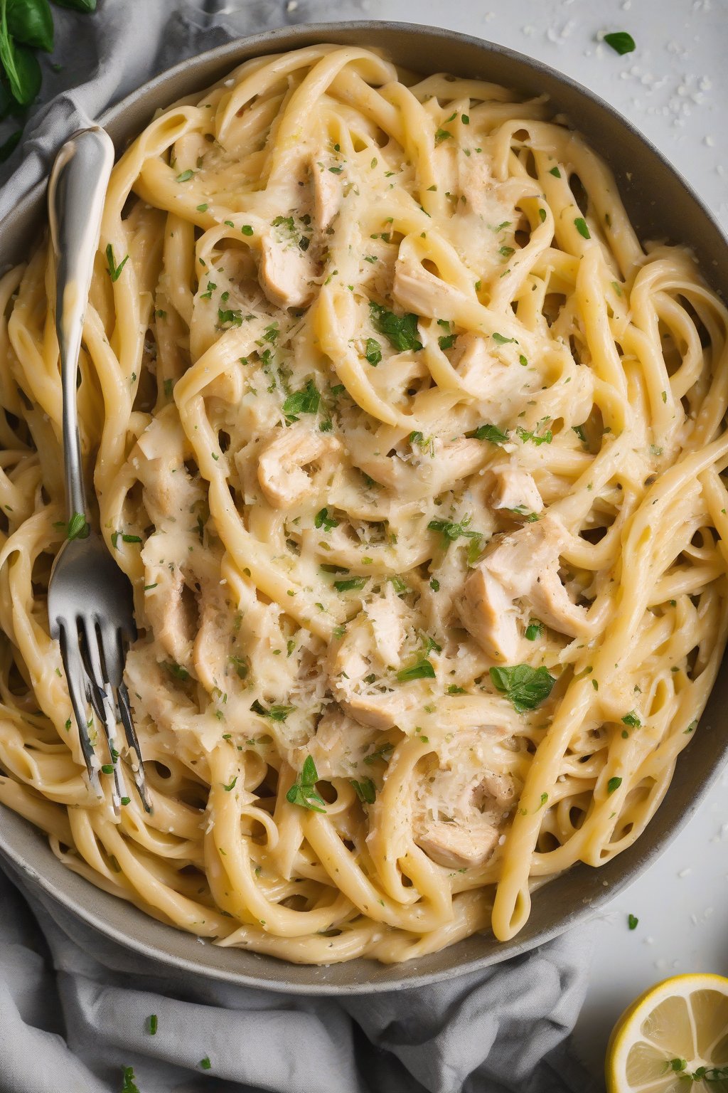 A high-resolution photo of creamy lemon chicken pasta twirled on a fork, topped with Parmesan shavings and lemon zest, under soft lighting.