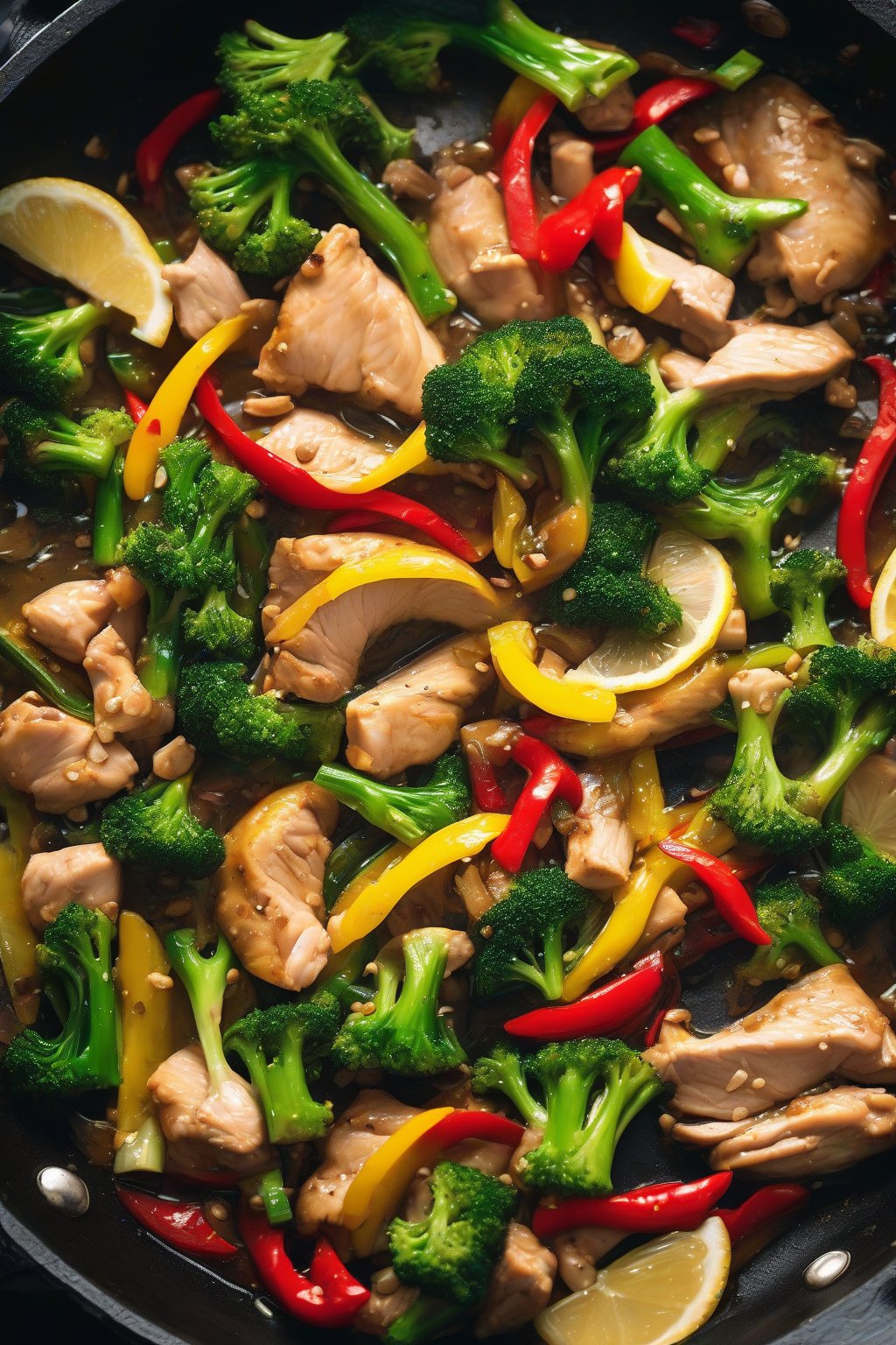 A high-resolution photo of vibrant lemon chicken stir-fry in a wok with broccoli and peppers, steam rising, under soft lighting.