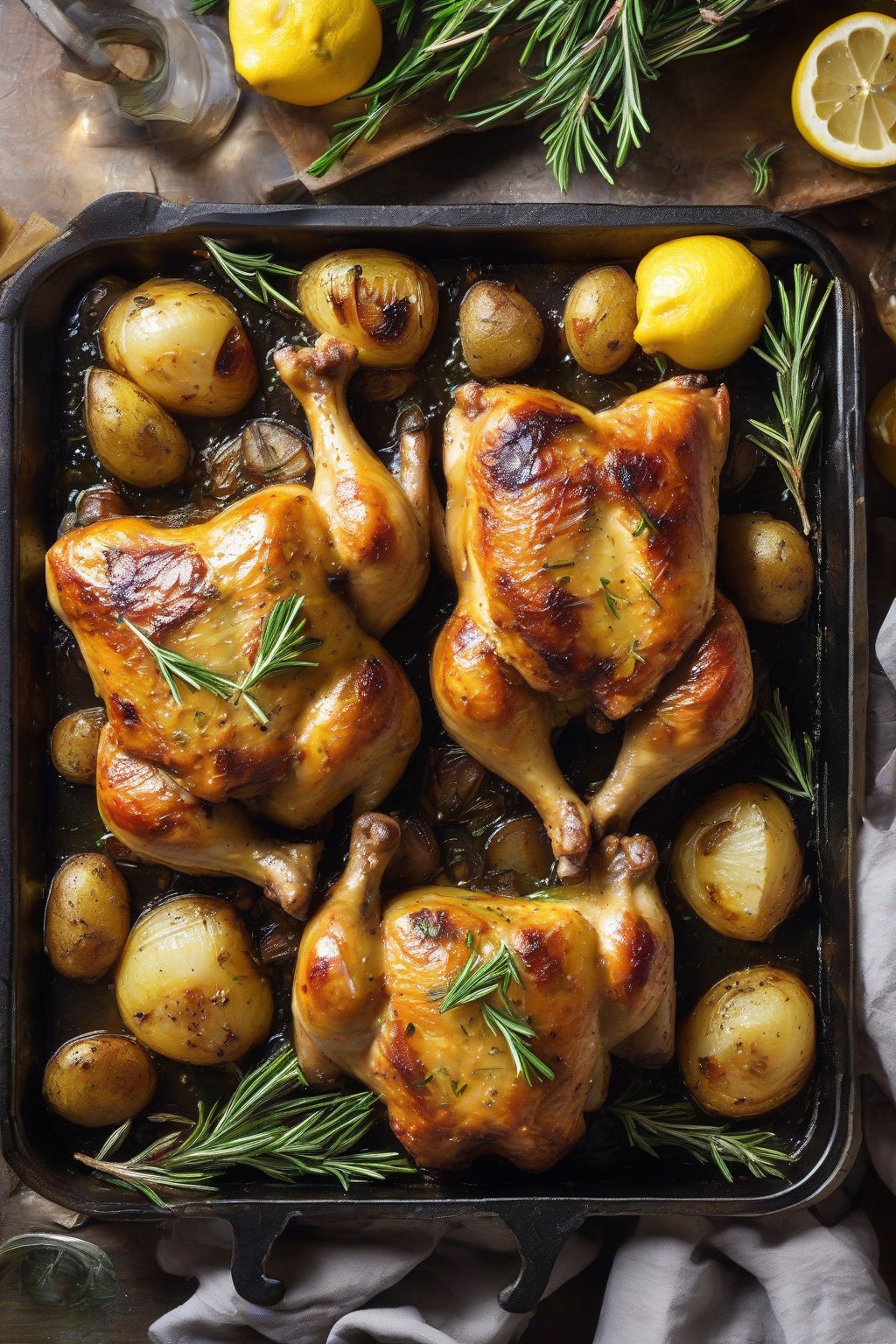 A high-resolution photo of baked lemon chicken thighs surrounded by roasted potatoes and rosemary, glossy with juices, under soft lighting.