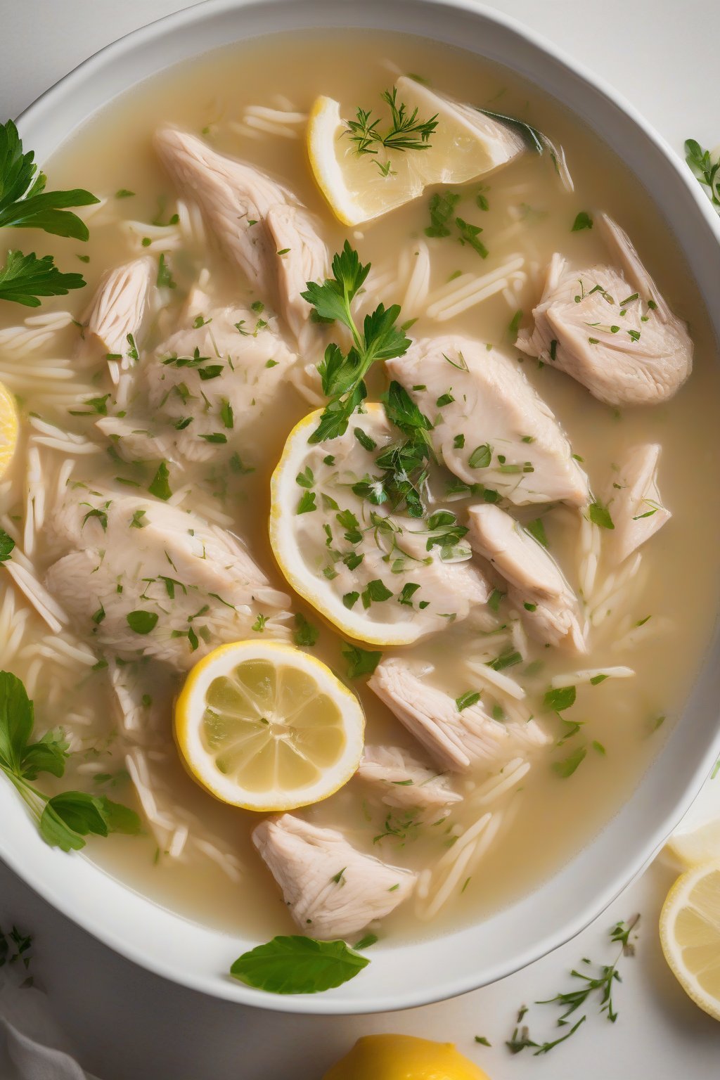 A high-resolution photo of steaming lemon chicken soup in a white bowl with orzo and herbs, lemon slices floating, under soft lighting.