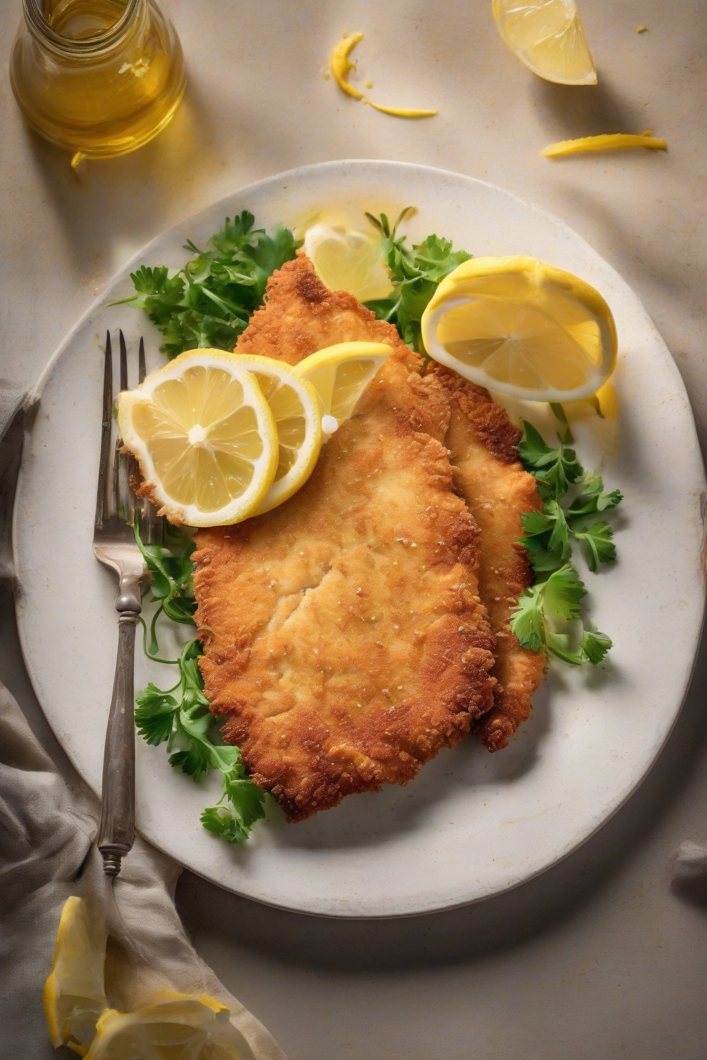 A high-resolution photo of crispy lemon chicken schnitzel on a plate with lemon wedges and a golden crust, under soft lighting.