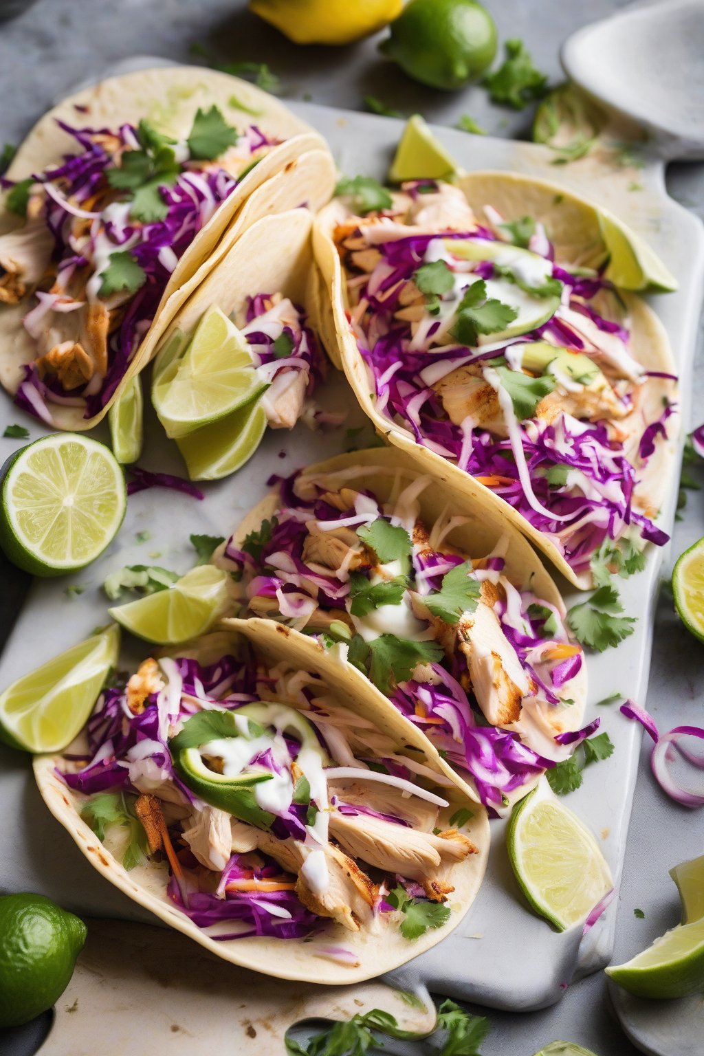 A high-resolution photo of lemon chicken tacos open-faced with vibrant slaw and lime wedges, under soft lighting.