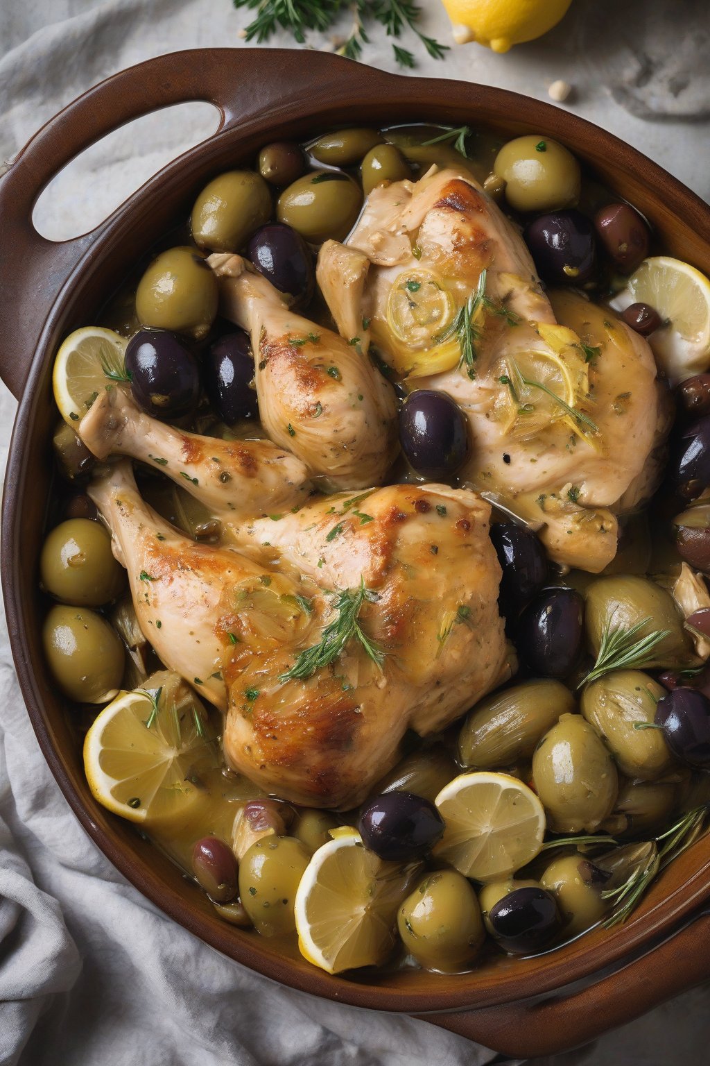 A high-resolution photo of slow cooker lemon chicken with olives and artichokes in a rustic bowl, under soft lighting.