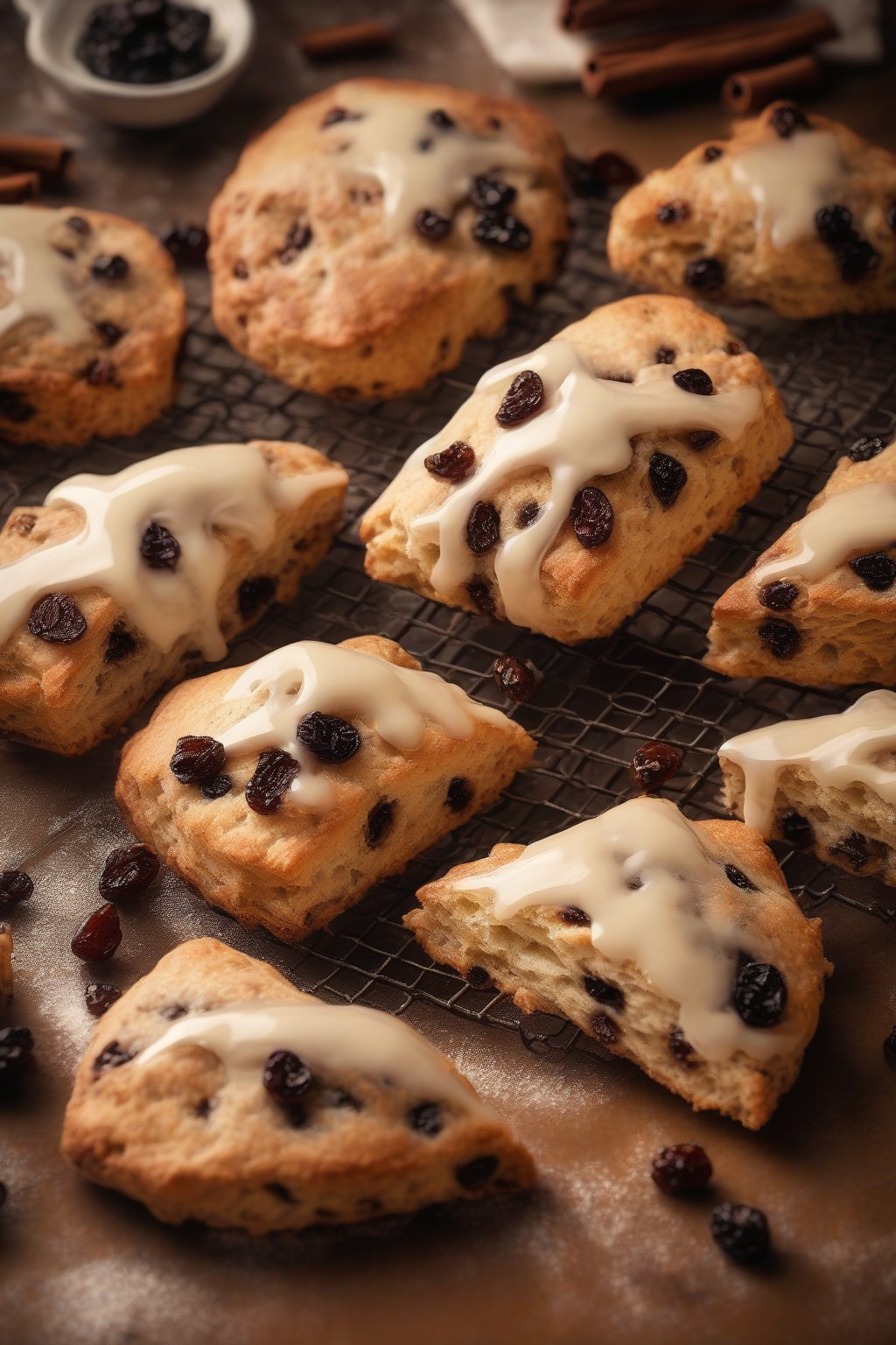 A high-resolution photo of cinnamon raisin scones with sugary crust and raisins dotting the surface, warm steam effect, under soft lighting.
