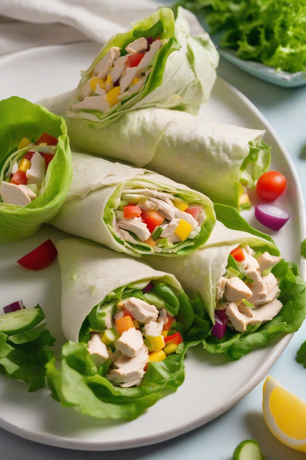 A high-resolution photo of fresh lemon chicken salad wraps in lettuce leaves with colorful veggies, under soft lighting.