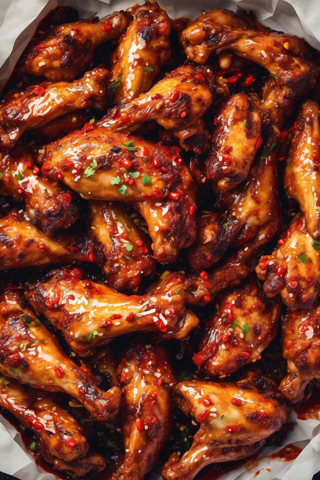 A high-resolution photo of glossy spicy lemon chicken wings piled high with chili flecks, under soft lighting.