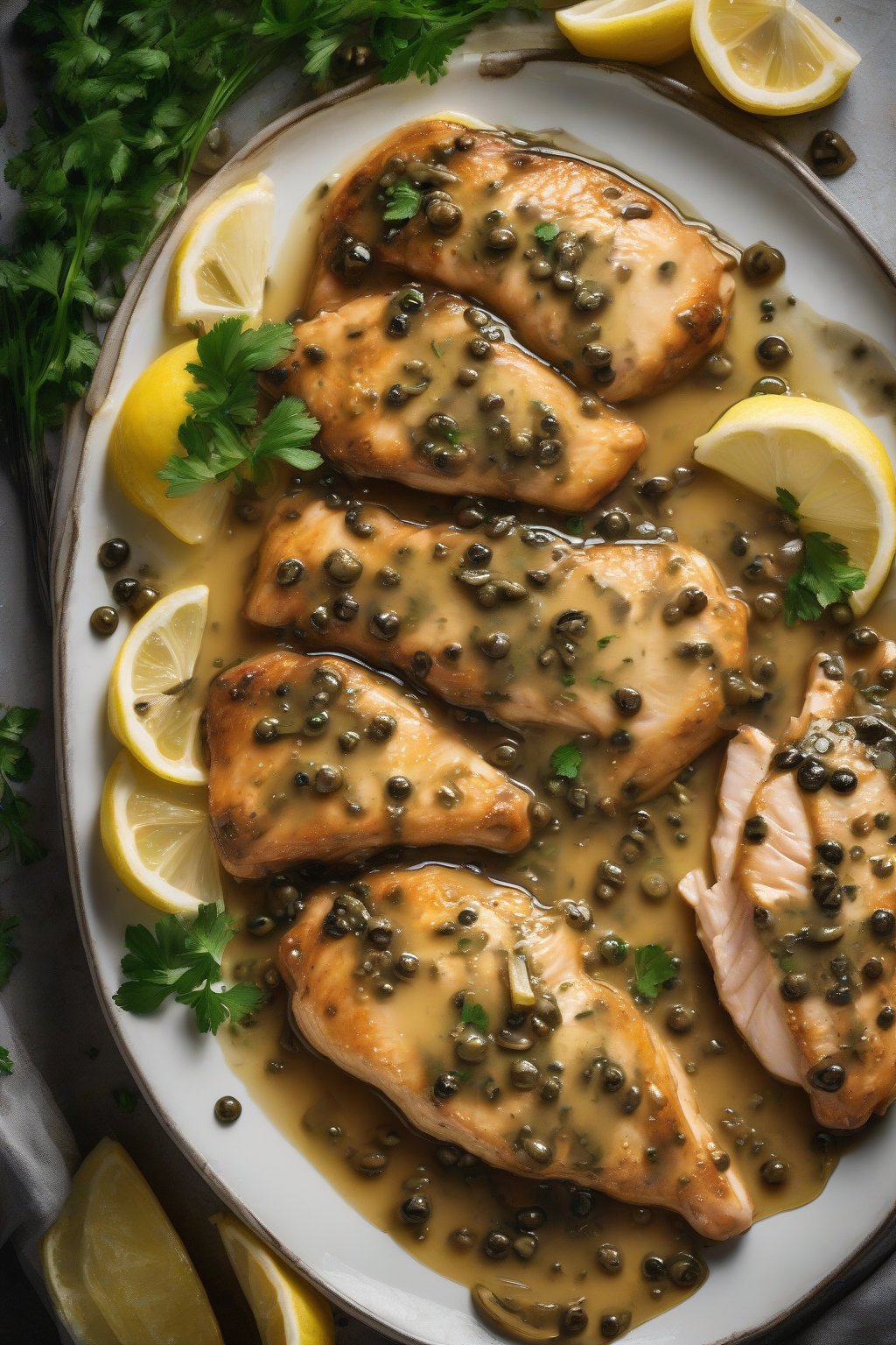 A high-resolution photo of lemon chicken piccata drizzled in glossy sauce with capers and parsley, under soft lighting.