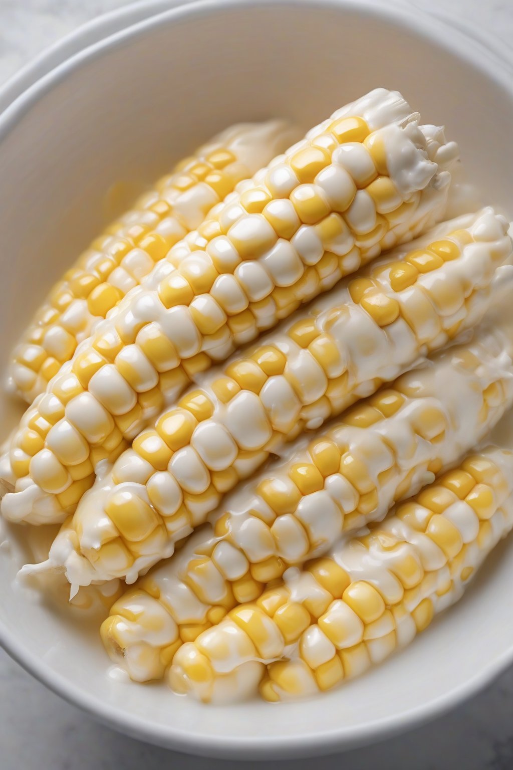 A high-resolution photo of classic buttery cream corn in a white bowl, glossy and steaming under soft lighting.